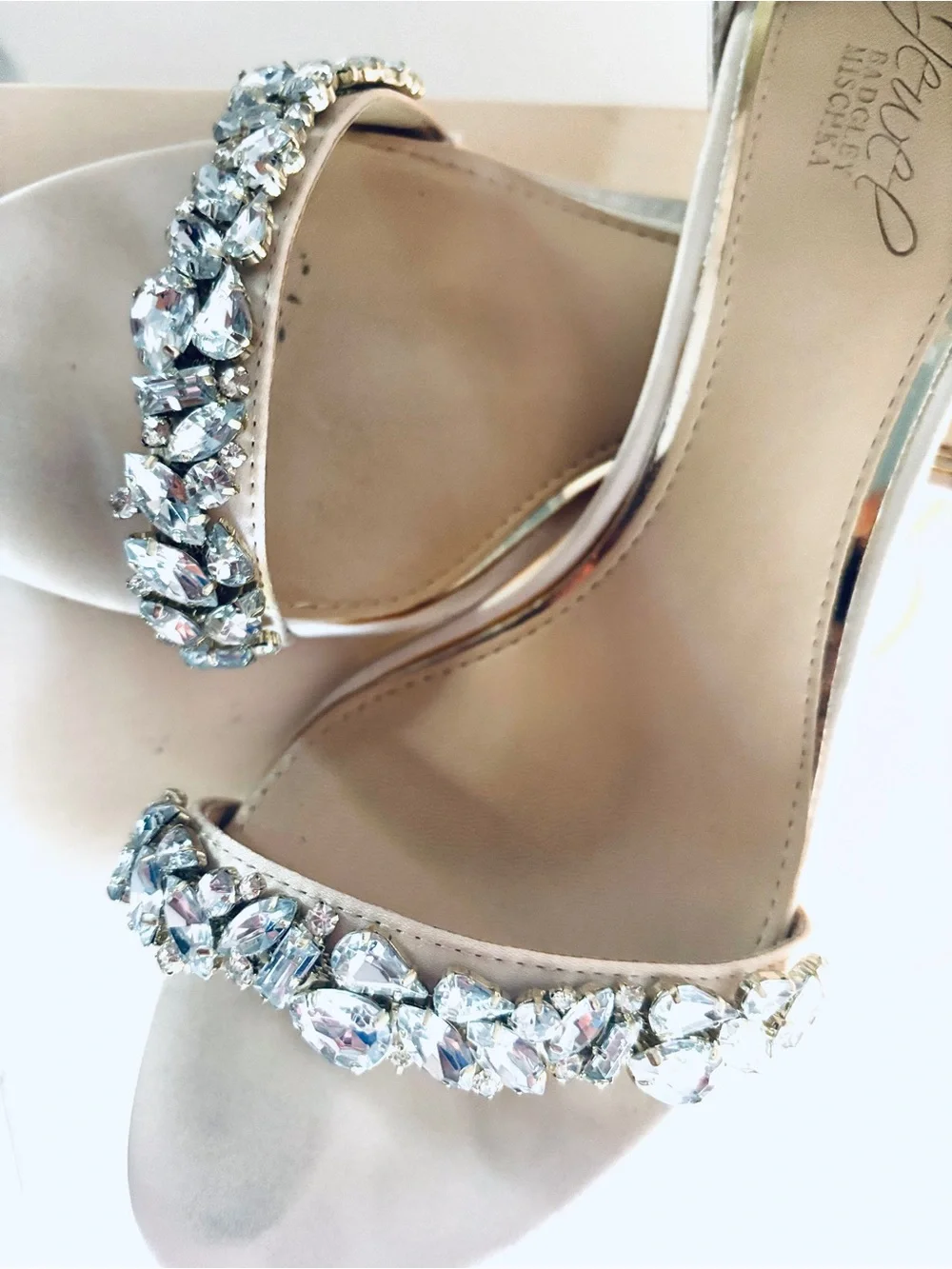 Jewel Badgley Mischka Crystal-Embellished Nude Satin Kitten Heel Sandal